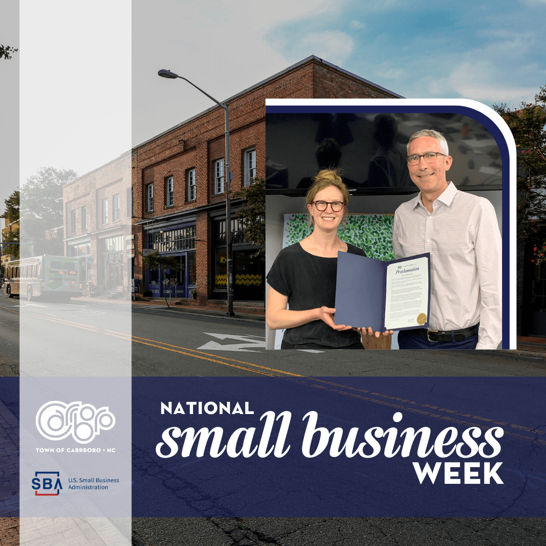 Background image of Main St behind an image of Mayor Seils with Maggie Funkhouser